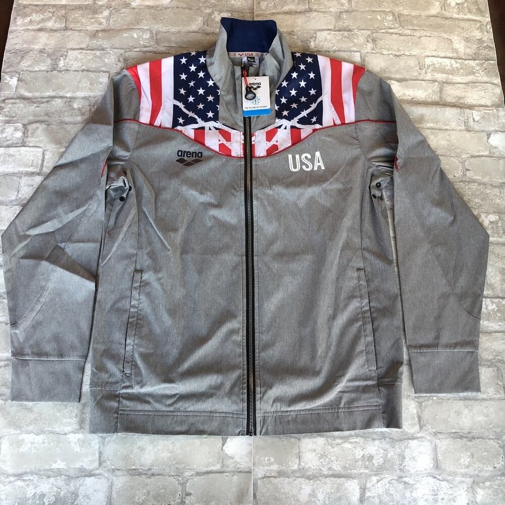 Arena USA 2020 Grey OG Denim Warm Up Swim Team Windbreaker Jacket Women Size L